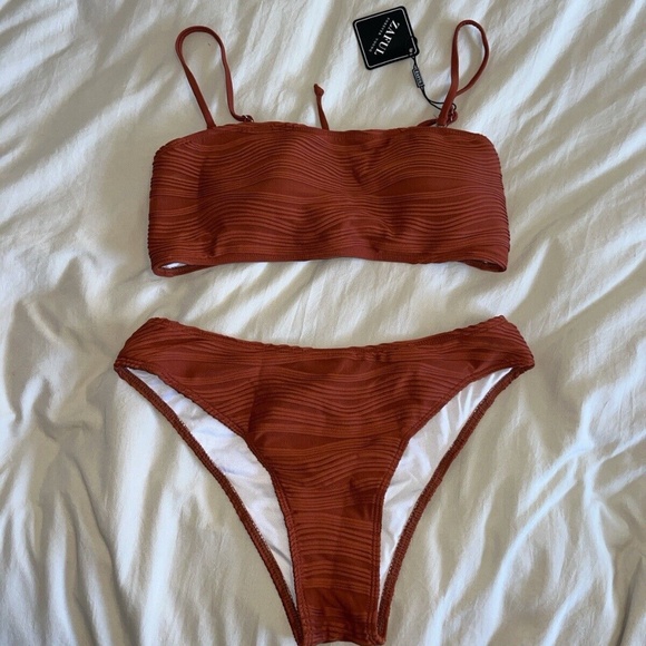 ZAFUL Women Strapless Wave Bandeau Bikini 2 Piece Swimwear Cheeky. Lace up. Sz M - Picture 8 of 16